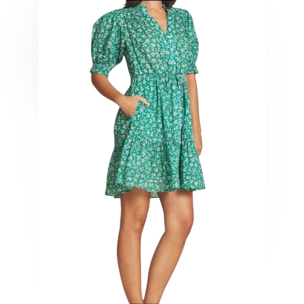 Trovata Phoebe Cotton Floral Puff Sleeve V-Neck Button Up Tie Waist Mini Dress